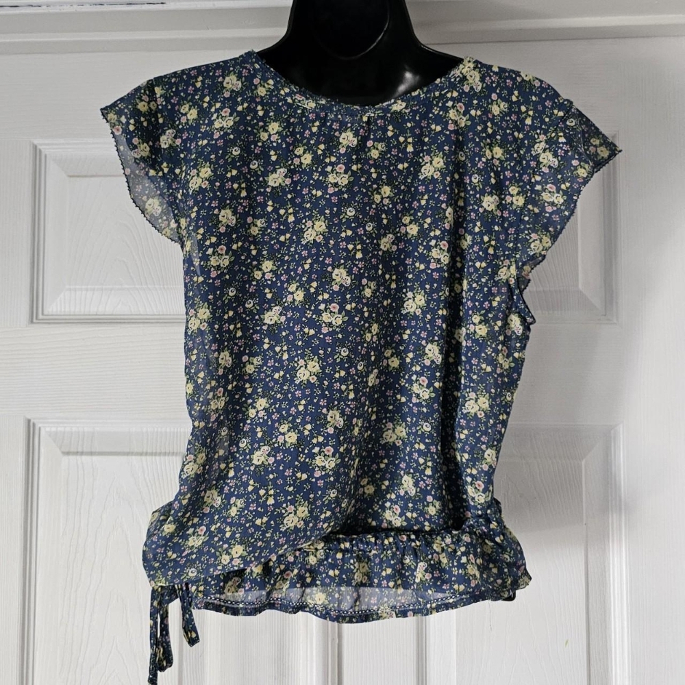 Blue chiffon floral coquette whimsical dainty feminine y2k blouse - Picture 3 of 5